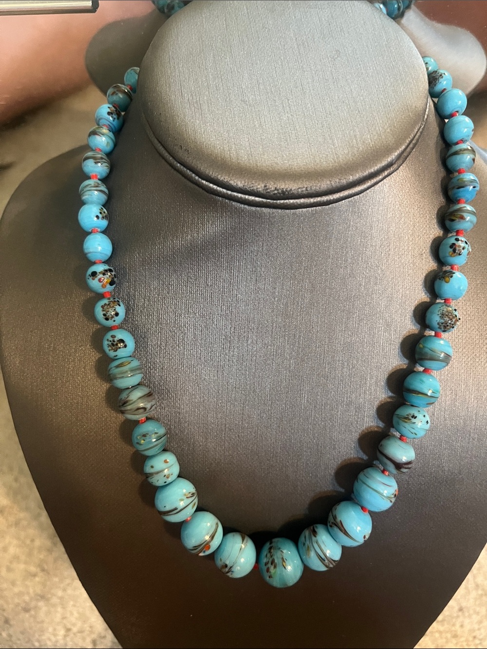 Beautiful Blue Porcelain or Ceramic Beaded Necklace With Red Spacer Beads